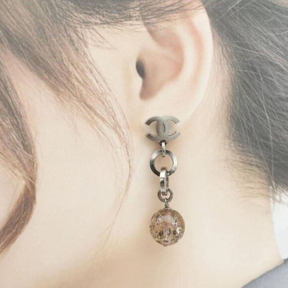 CHANEL CC Logos Drop Clear Pink Ball Stud Earrings Silver Tone 06P Auth D-t104 - Picture 2 of 14